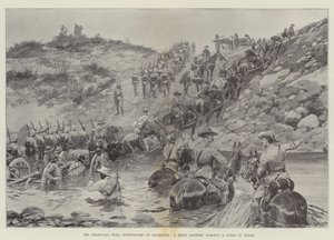 トランスバール戦争、輸送の難しさ、洪水で川を駆り立てる野戦砲 作： Richard Caton Woodville junior